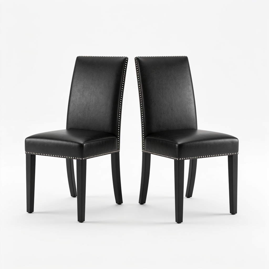 Ryancowan Encinal Parson Dining Room Chairs - Nailhead Trim Black Faux Leather Padded Chairs, Set of 2, Black