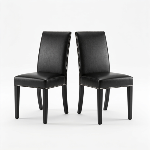 Ryancowan Encinal Parson Dining Room Chairs - Nailhead Trim Black Faux Leather Padded Chairs, Set of 2, Black
